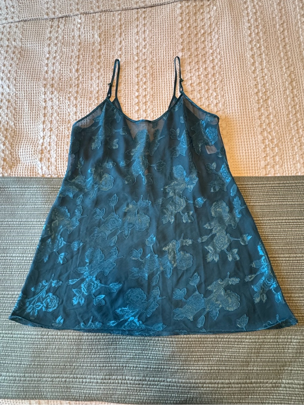 Vintage Angelique Teal Floral Lace Slip Night Gown